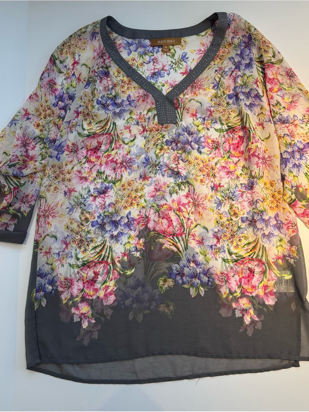Ellen Tracy Floral V-Neck Tunic in Gray and Multicolor